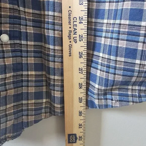 Wrangler Brushpopper Shirt Men's Size XLT Long‎ Tail Plaid Snaps Blue Vintage - Picture 14 of 15